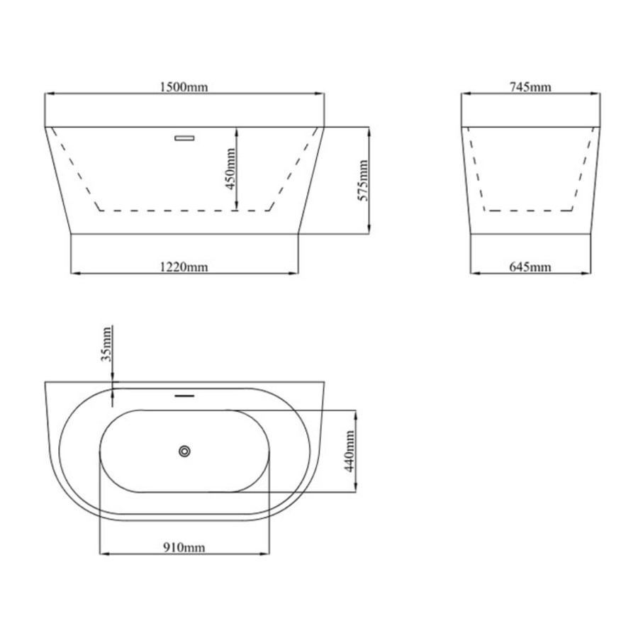 Freestanding Double Ended Back to Wall Bath 1500 x 745mm - Gable