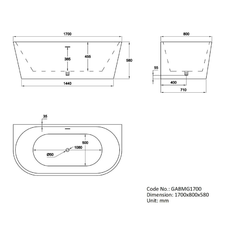 Grey Freestanding Double Ended Back to Wall Bath  1700 x 800mm - Gable