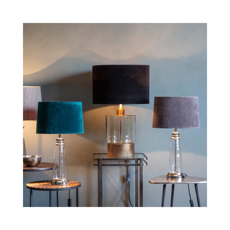 Table Lamp with Grey Velvet Shade & Hammered Glass Base - Caesaro