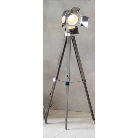 Tripod Floor Lamp with Chrome Spotlight & Wood Legs - Dalton