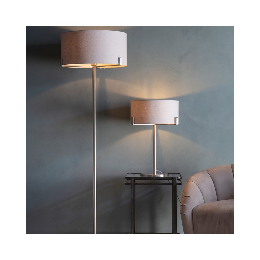 Floor Lamp with Grey Shade & Satin Nickel Base - Evelyn