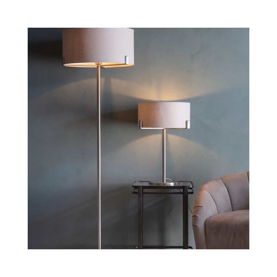 GRADE A1 - Table Lamp with Satin Nickel Base & Grey Light Shade - Evelyn