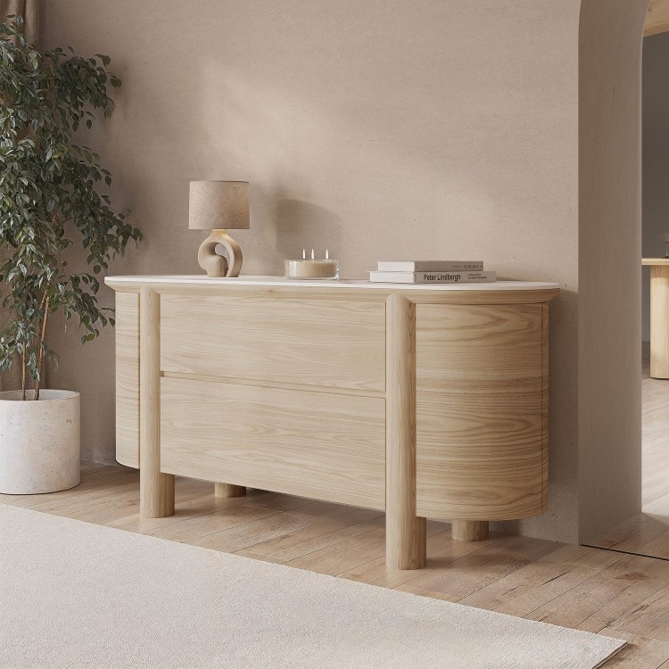 White Wash Curved Oak Sideboard with Marble Top - Gianna