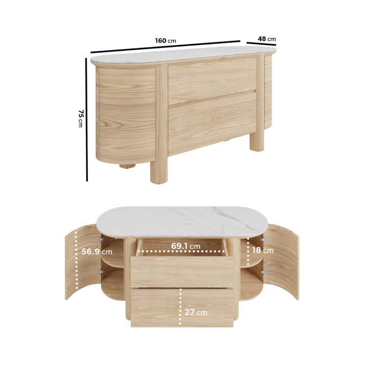 White Wash Curved Oak Sideboard with Marble Top - Gianna