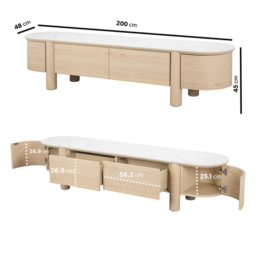 Large Oak & Marble Top TV Stand - TV's up to 85" - Gianna