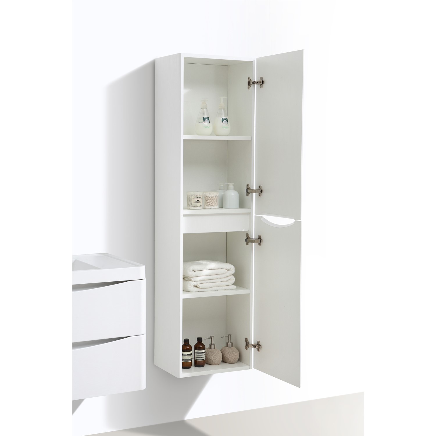 White Wall Hung Tall Bathroom Storage Cabinet W400 X H1500mm