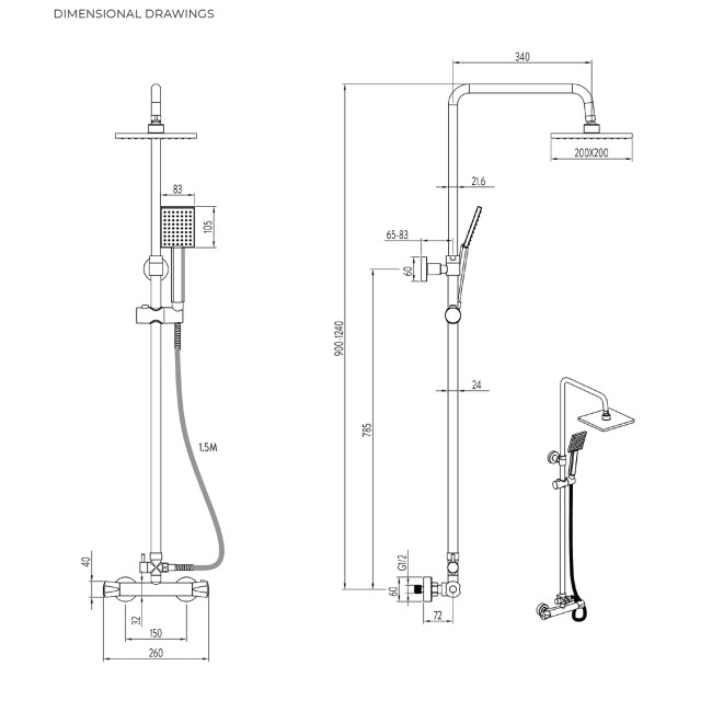 Gainsborough GDSE Thermostatic Bar Mixer Shower Set with Adjustable & Drencher Heads - Square