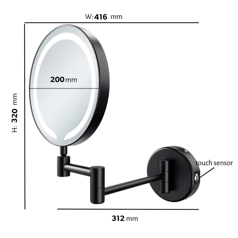 Round Black Magnifying Makeup Bathroom Mirror with Lights 200mm - Gemini