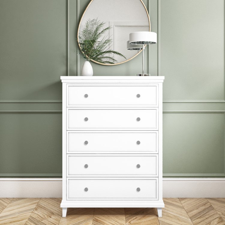 Tall White Ready Assembled Chest of 5 Drawers - Georgia