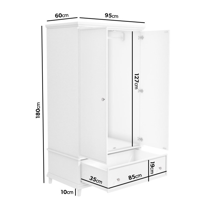 White Double Wardrobe with Drawer - Georgia