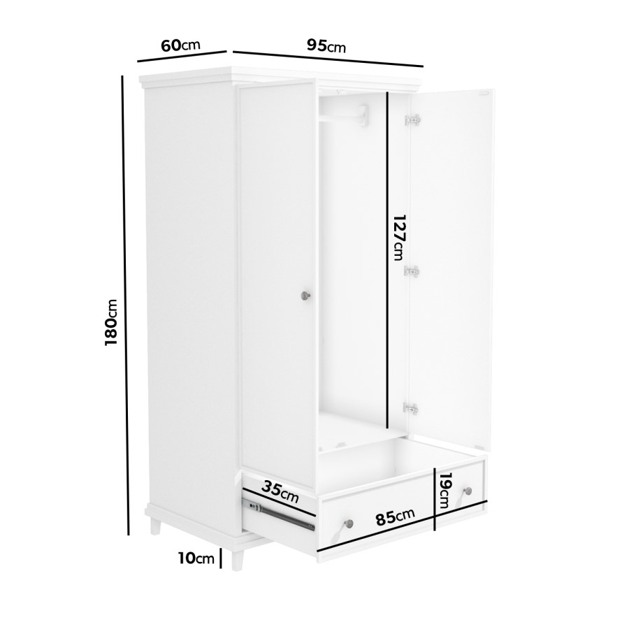 White Double Wardrobe with Drawer - Georgia