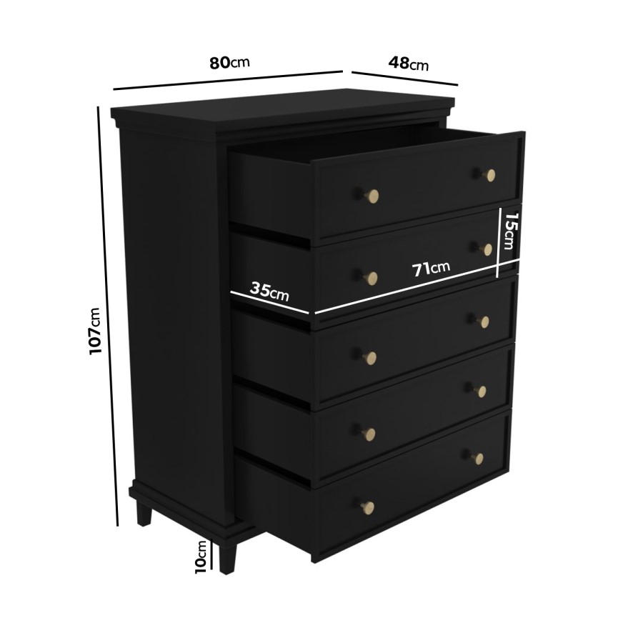 GRADE A2 - Black 5 Drawer Tall Chest of Drawers - Georgia