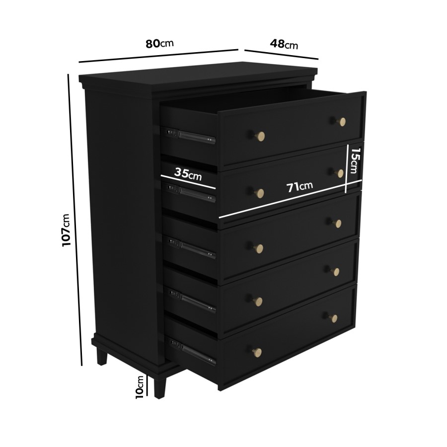 GRADE A1 - Georgia 5 Drawer Tall Chest of Drawers in Black