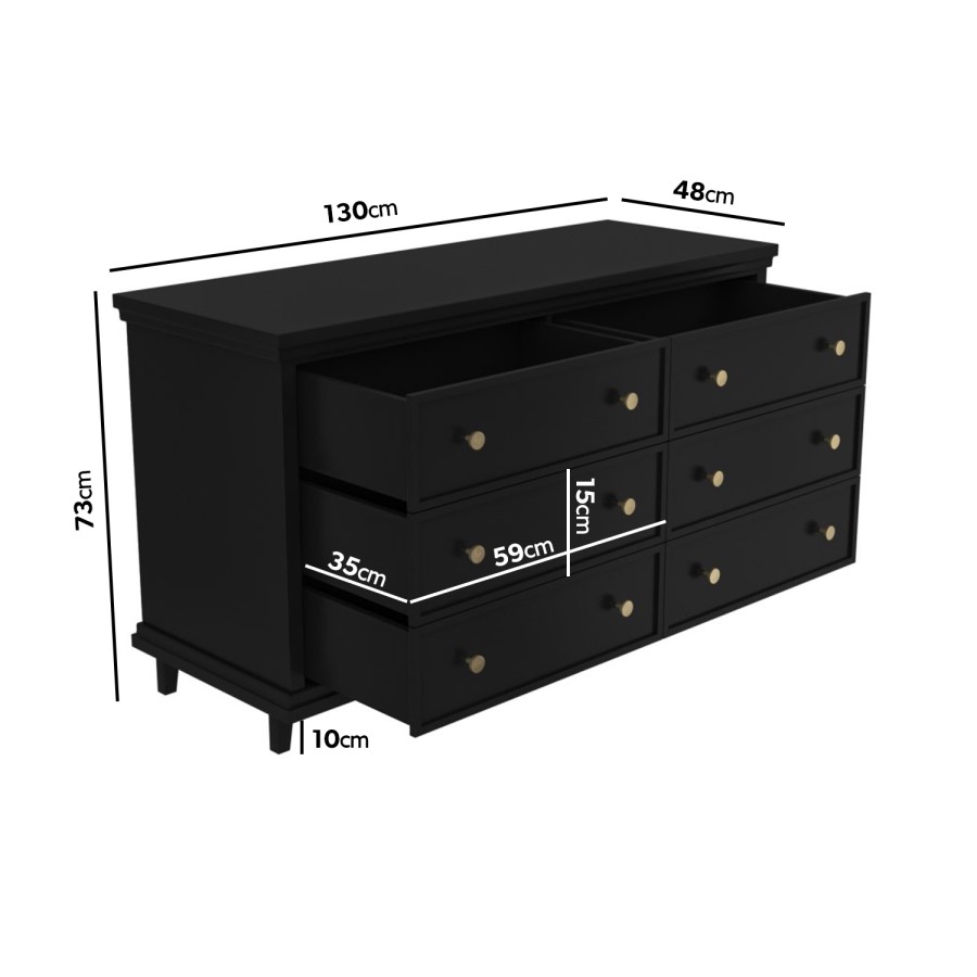 GRADE A1 - Black and Gold Wooden Wide Chest of 6 Drawers - Georgia