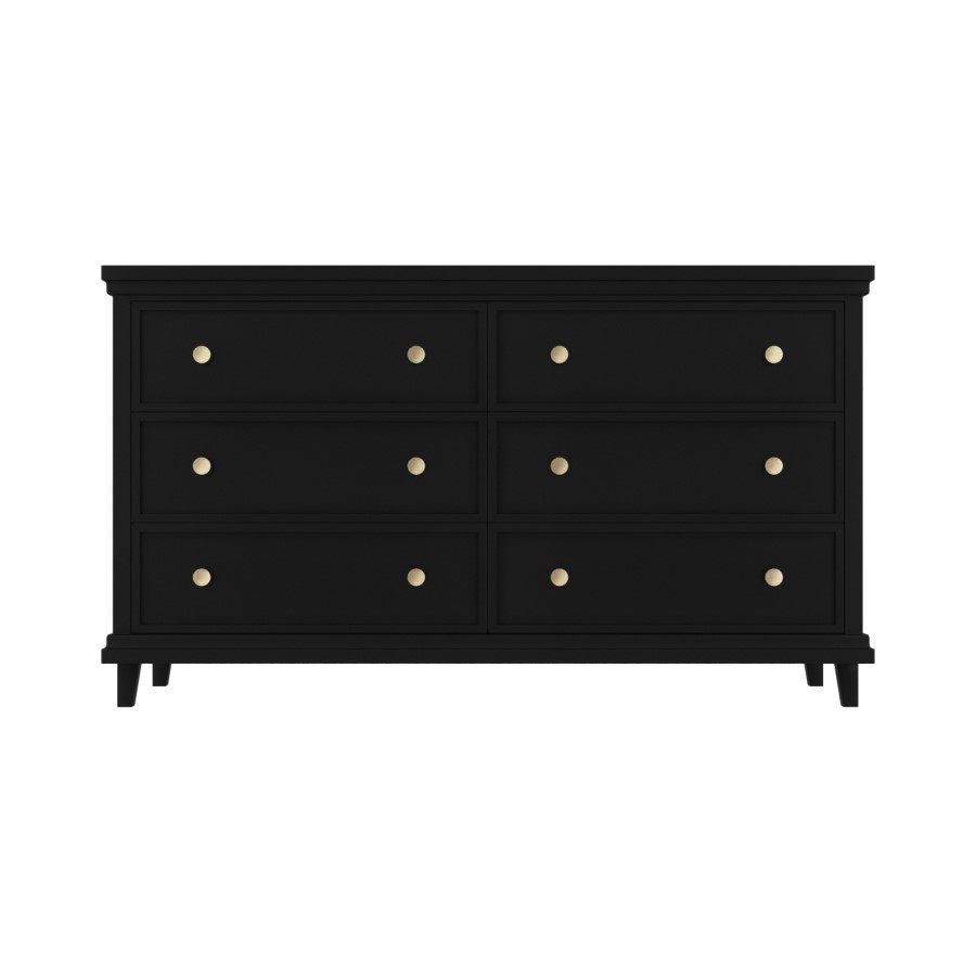 GRADE A1 - Black and Gold Wooden Wide Chest of 6 Drawers - Georgia