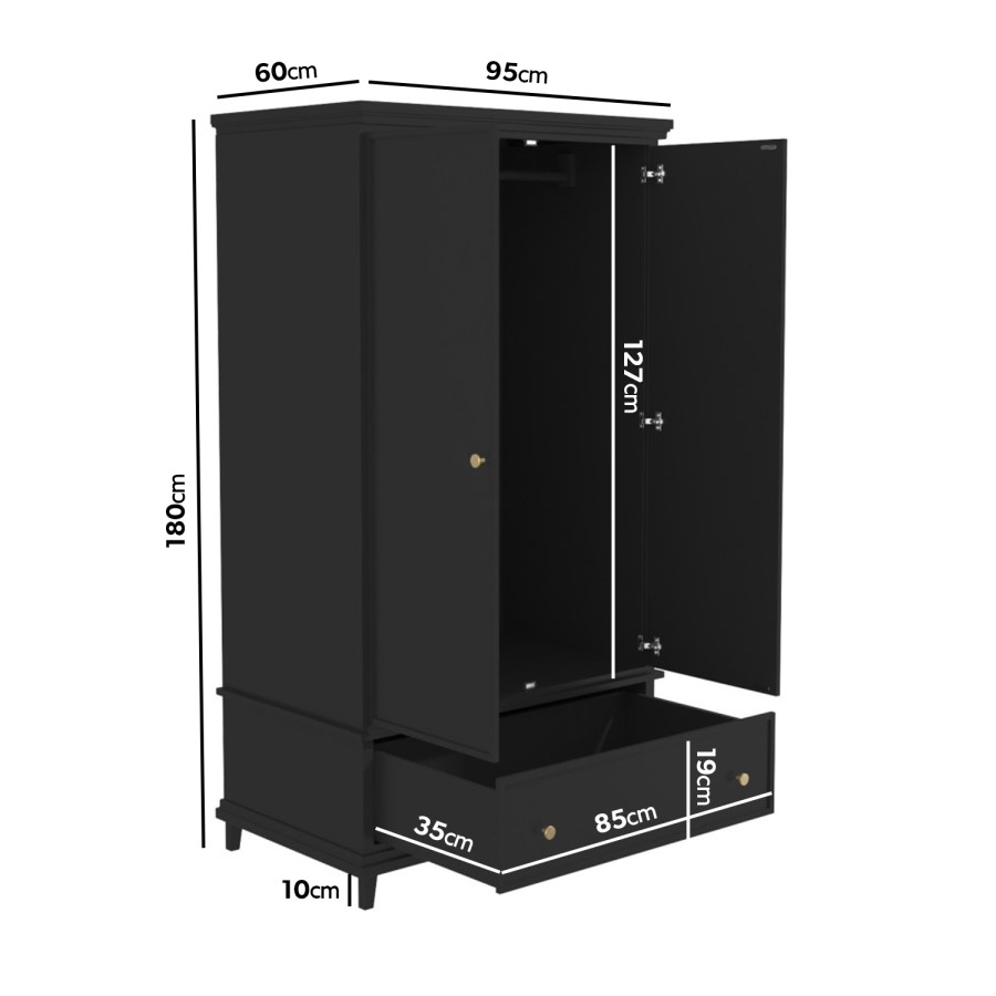 GRADE A2 - Black Double Wardrobe with Drawer - Georgia