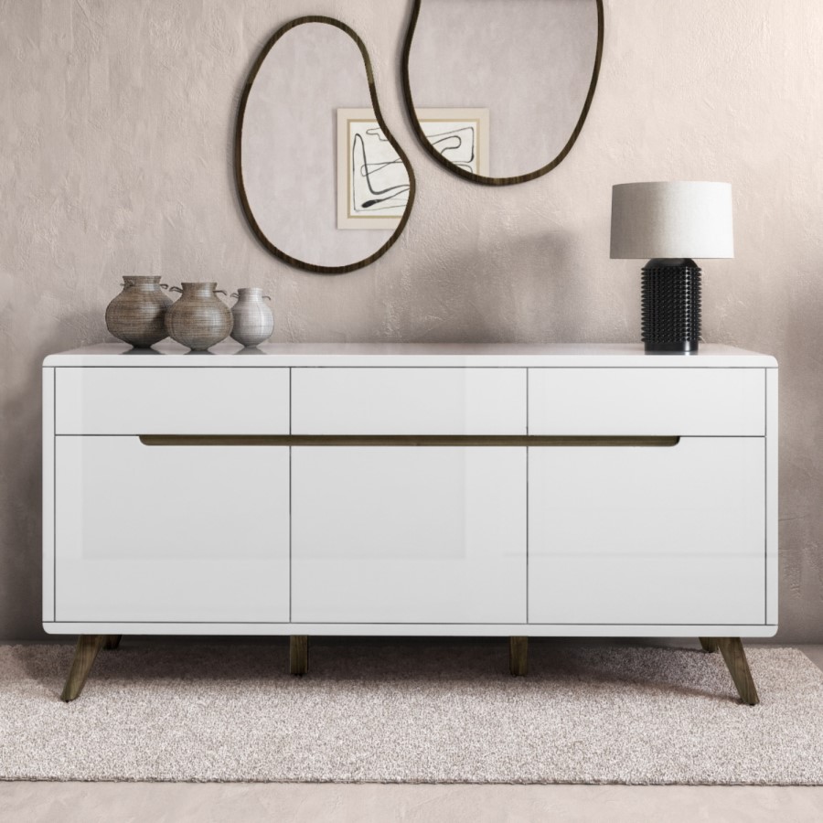 GRADE A1 - Large White Gloss Sideboard with Walnut Detail - Gia
