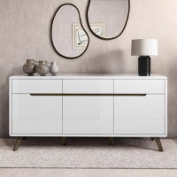 GRADE A1 - Large White Gloss Sideboard with Walnut Detail - Gia