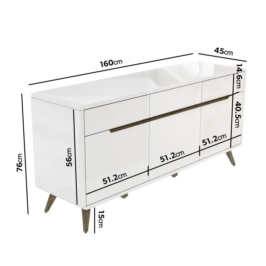 GRADE A1 - Large White Gloss Sideboard with Walnut Detail - Gia