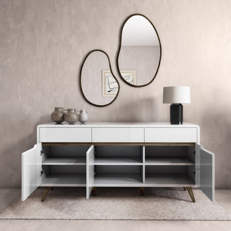 GRADE A1 - Large White Gloss Sideboard with Walnut Detail - Gia