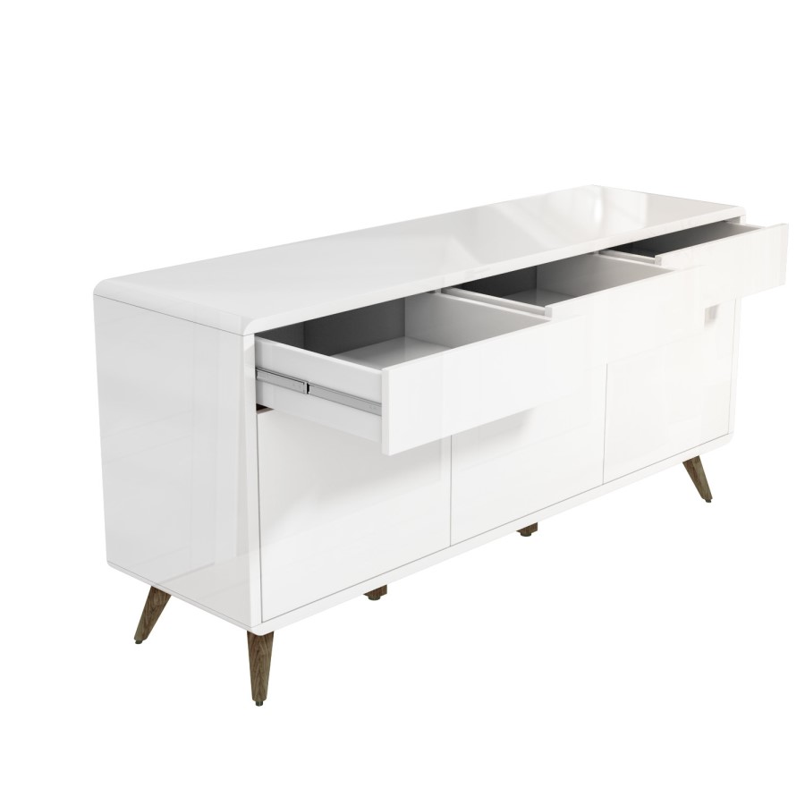 GRADE A1 - Large White Gloss Sideboard with Walnut Detail - Gia