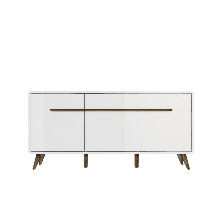 GRADE A1 - Large White Gloss Sideboard with Walnut Detail - Gia