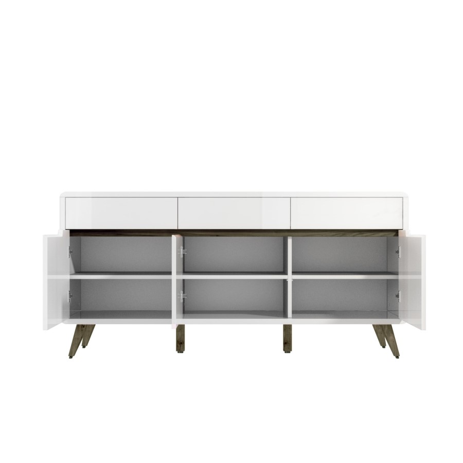 GRADE A1 - Large White Gloss Sideboard with Walnut Detail - Gia