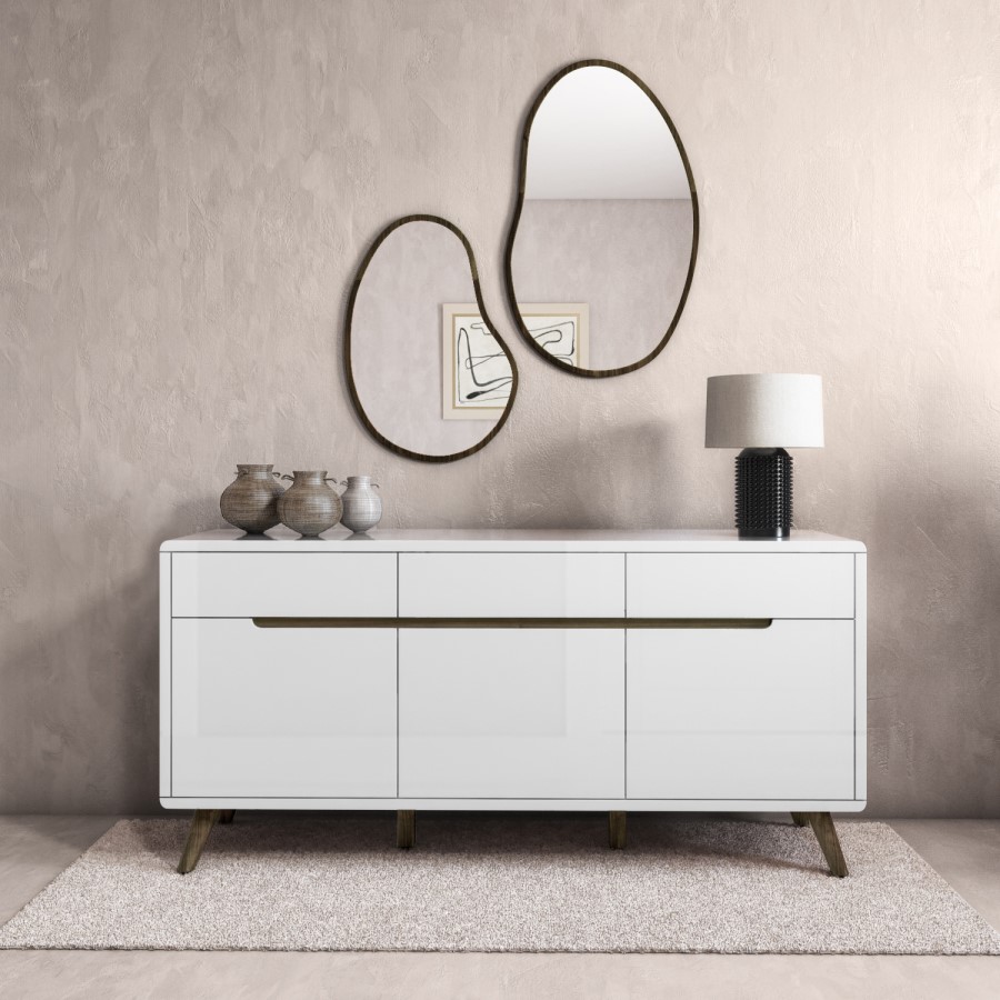 GRADE A1 - Large White Gloss Sideboard with Walnut Detail - Gia