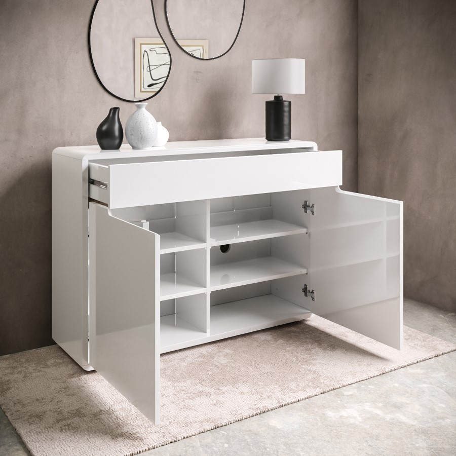 Slim White Gloss Shoe Cabinet with Walnut Detail - 18 Pairs - Gia