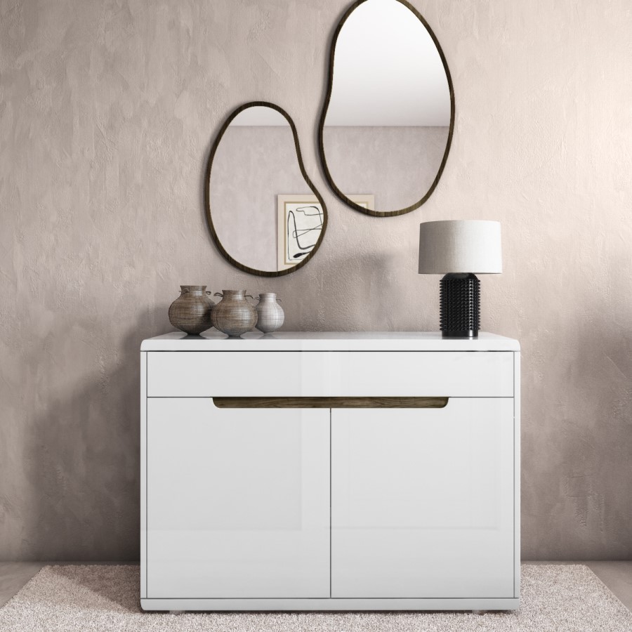 Slim White Gloss Shoe Cabinet with Walnut Detail - 18 Pairs - Gia