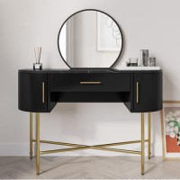 GRADE A1 - Black Marble Top Dressing Table with Mirror and Storage Drawers - Gigi