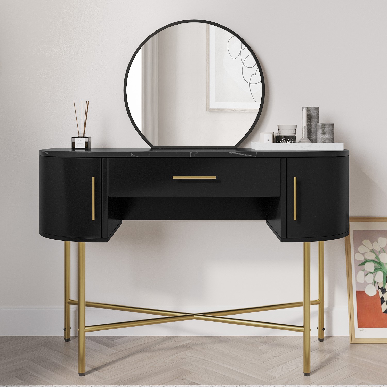 Photo of Black marble top dressing table with mirror and storage drawers - gigi