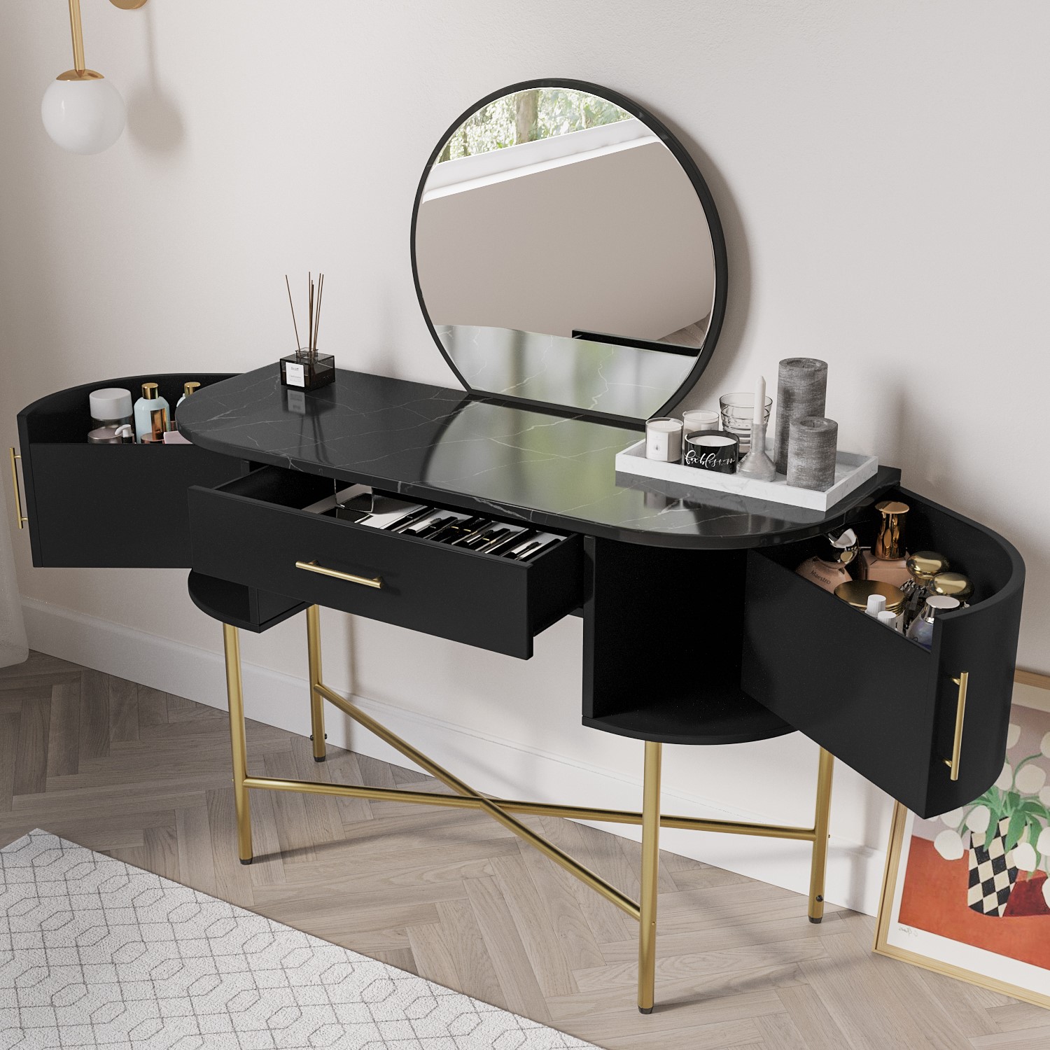 Black Marble Top Dressing Table with Mirror and Storage Drawers - Gigi - Furniture123 Black Marble Top Dressing Table with Mirror and Storage Drawers - Gigi - Furniture123