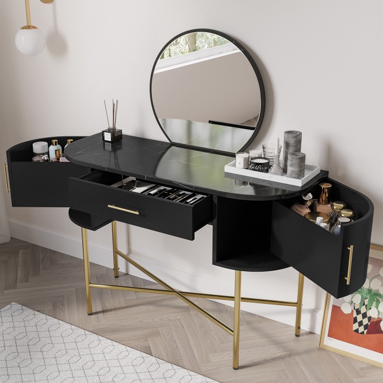 Black Marble Top Dressing Table with Mirror and Storage Drawers - Gigi