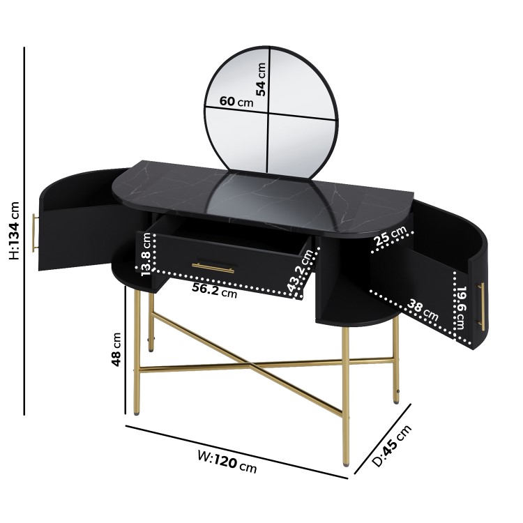 Black Marble Top Dressing Table with Mirror and Storage Drawers - Gigi