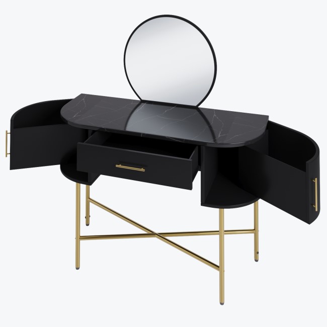 ONLY OPENED - Black Marble Top Dressing Table with Mirror and Storage Drawers - Gigi