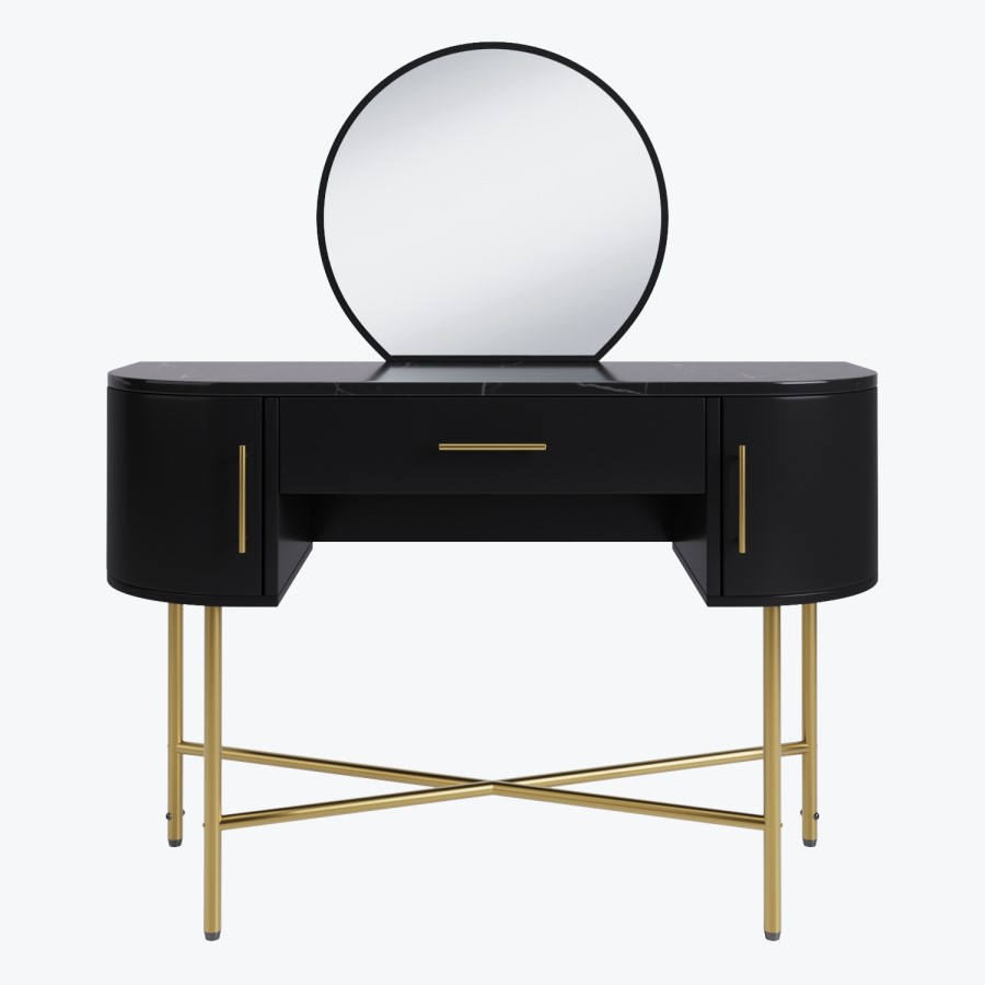 Black Marble Top Dressing Table with Mirror and Storage Drawers - Gigi