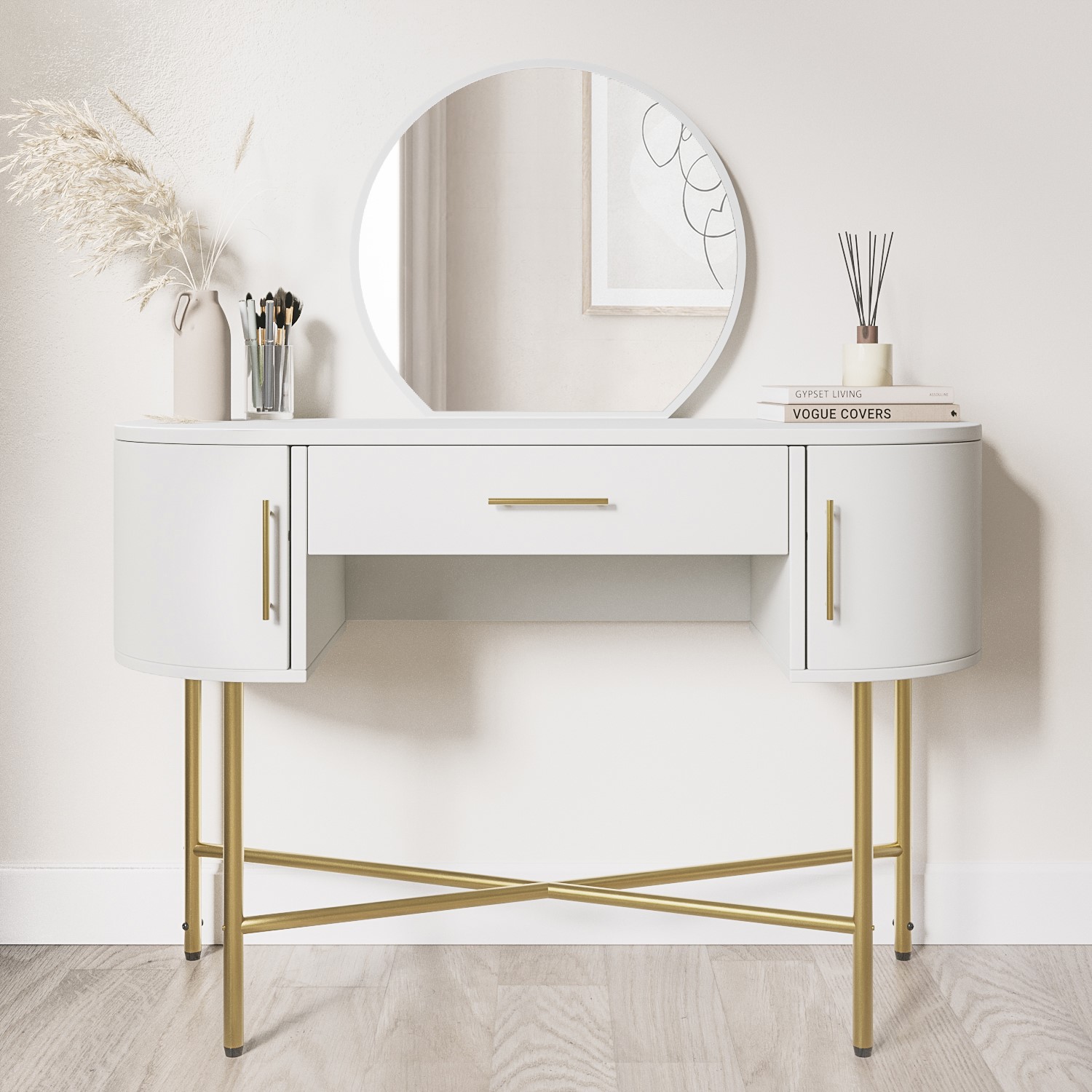 Photo of White and gold dressing table with mirror and storage drawers - gigi