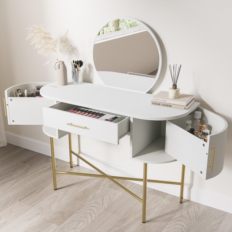 White and Gold Dressing Table with Mirror and Storage Drawers - Gigi