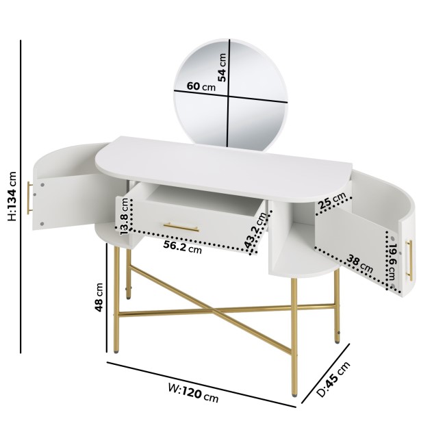 White and Gold Dressing Table with Mirror and Storage Drawers - Gigi