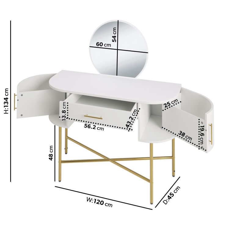 White and Gold Dressing Table with Mirror and Storage Drawers - Gigi