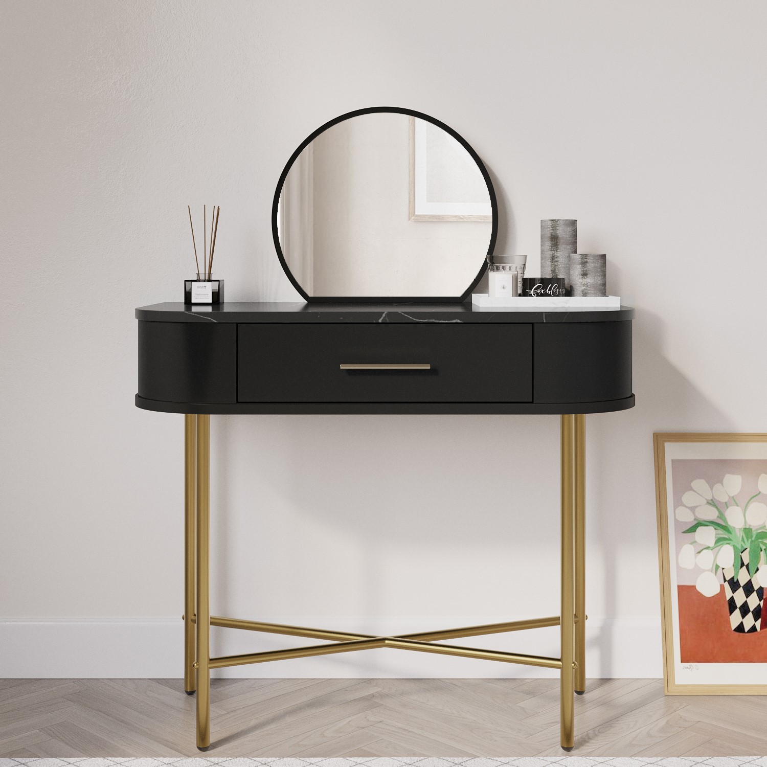 Small Black Marble Top Dressing Table With Mirror and Drawer - Gigi - Furniture123 Small Black Marble Top Dressing Table With Mirror and Drawer - Gigi - Furniture123