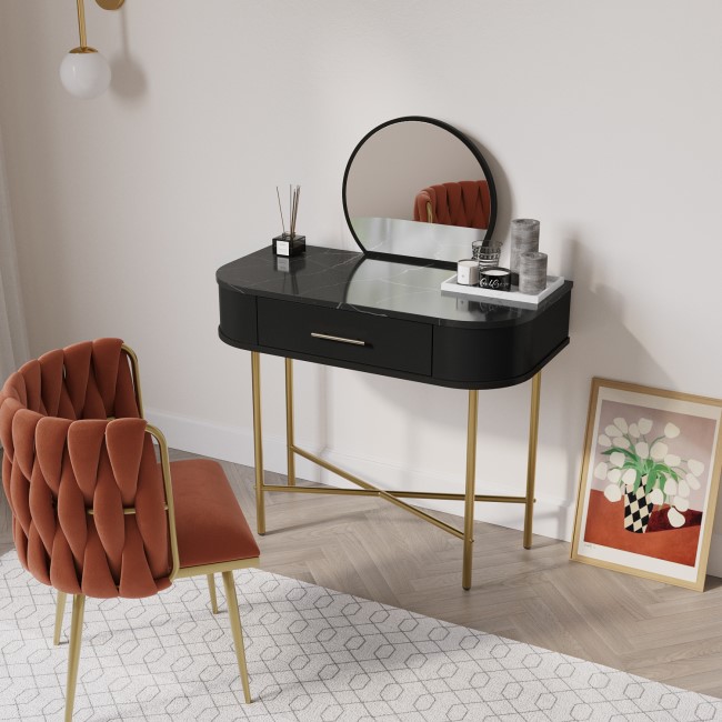 Small Black Marble Top Dressing Table With Mirror And Storage Drawer - Gigi