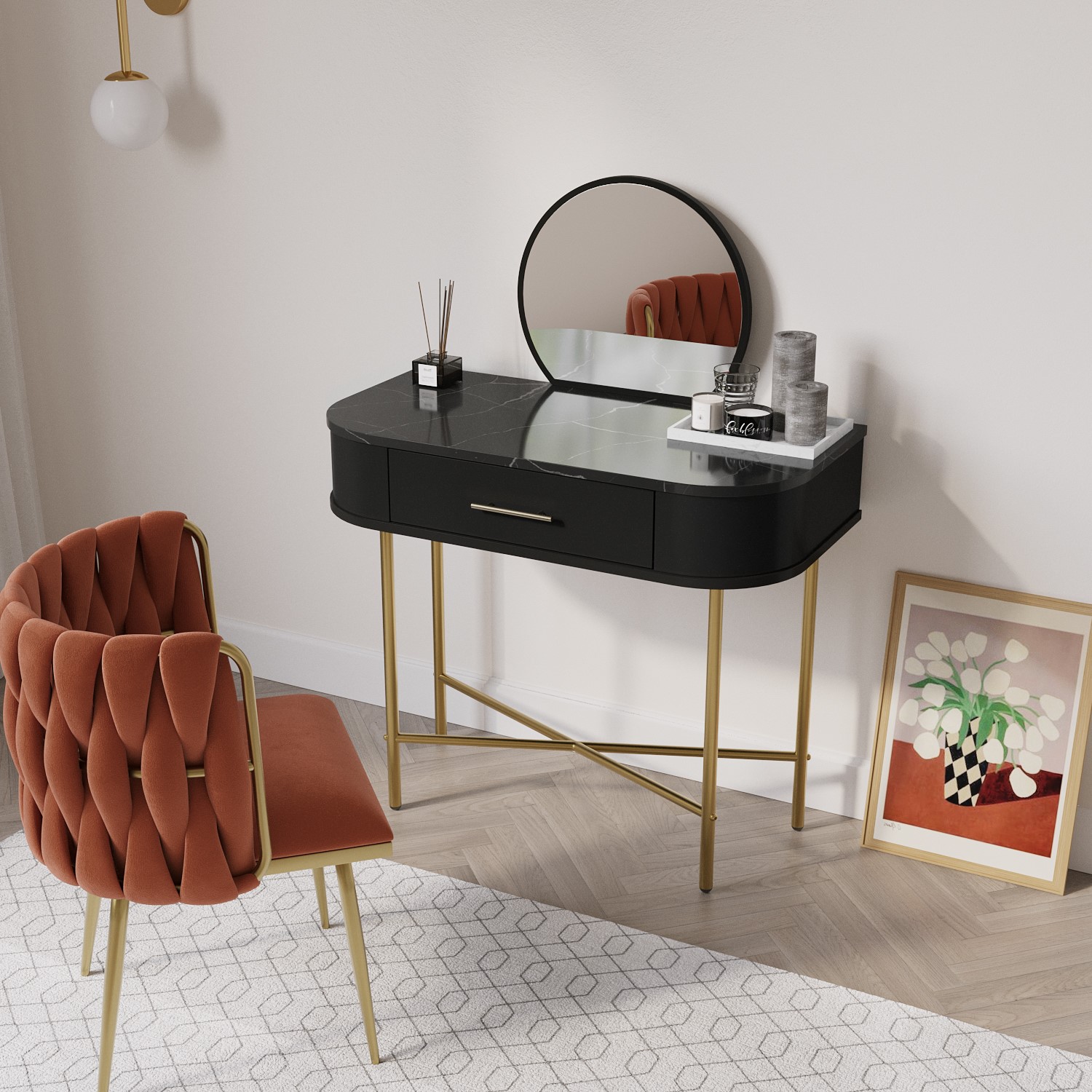Small Black Marble Top Dressing Table With Mirror and Drawer - Gigi - Furniture123 Small Black Marble Top Dressing Table With Mirror and Drawer - Gigi - Furniture123