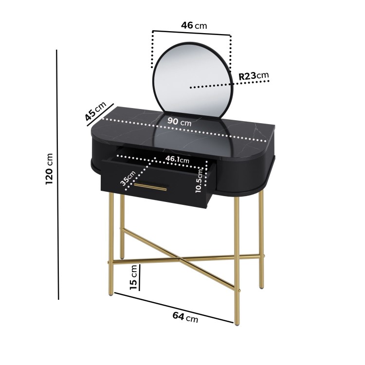 Small Black Marble Top Dressing Table With Mirror And Storage Drawer - Gigi