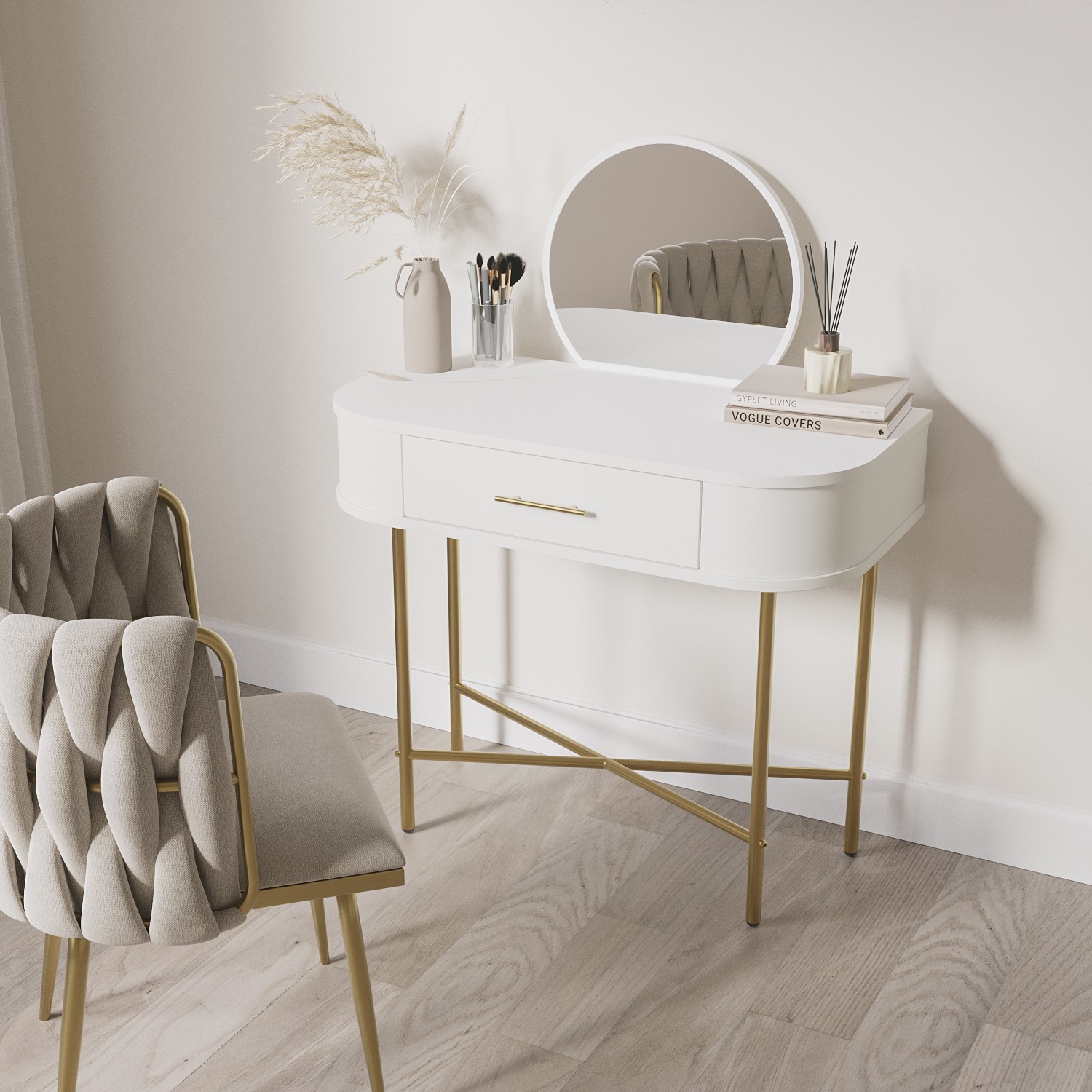 Small White And Gold Dressing Table With Mirror and Drawer - Gigi - Furniture123 Small White And Gold Dressing Table With Mirror and Drawer - Gigi - Furniture123