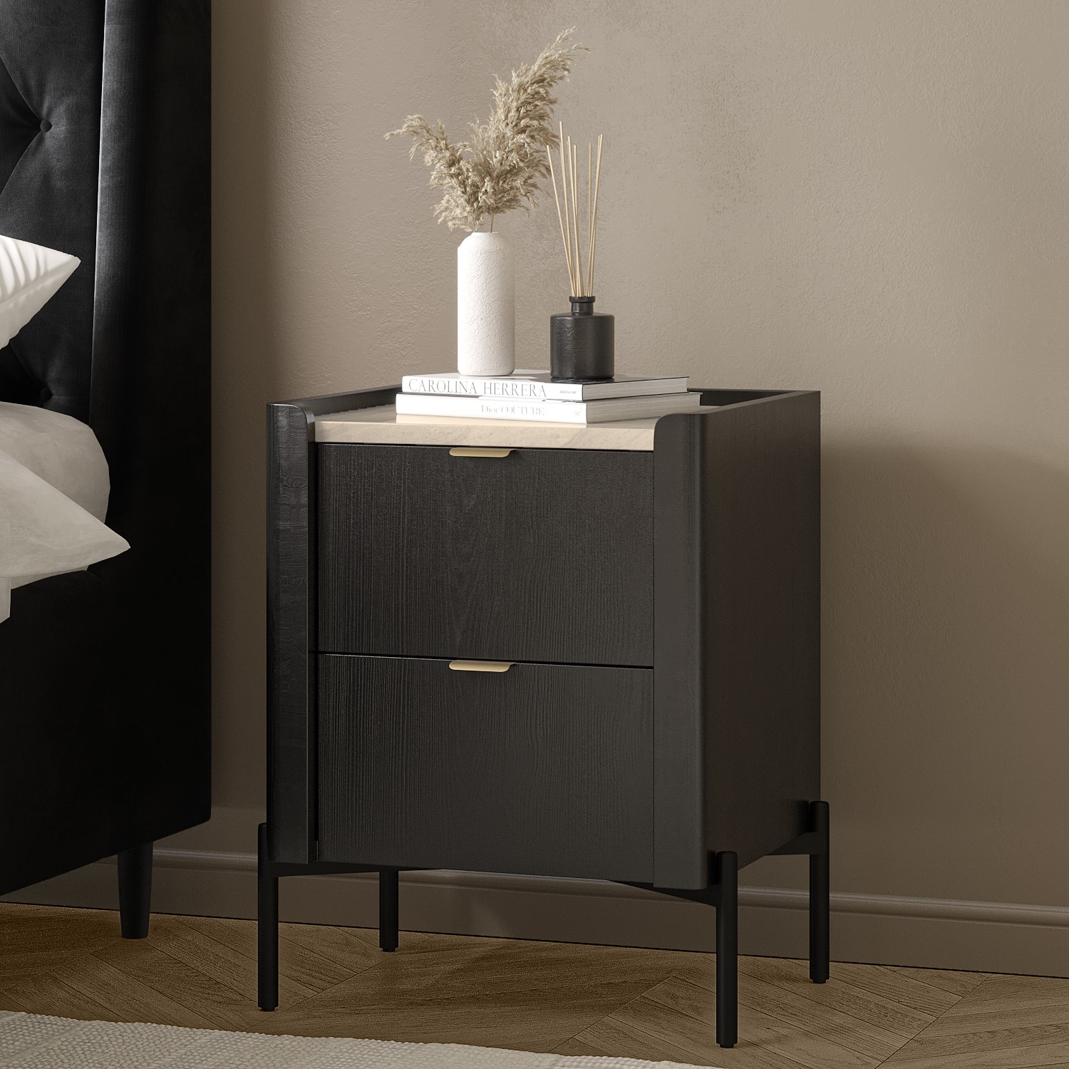 Wide Marble Effect Top 2 Drawer Oak Bedside Table