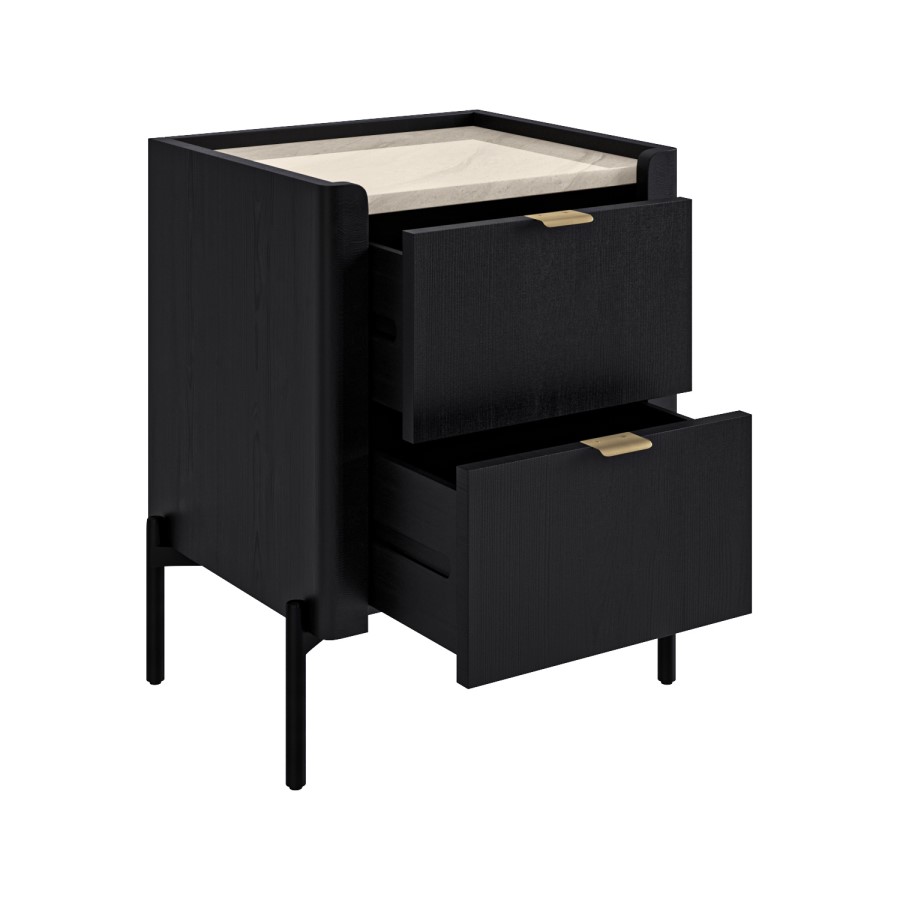 ALMOST PERFECT - Wide Black Marble Top 2-Drawer Bedside Table - Gio