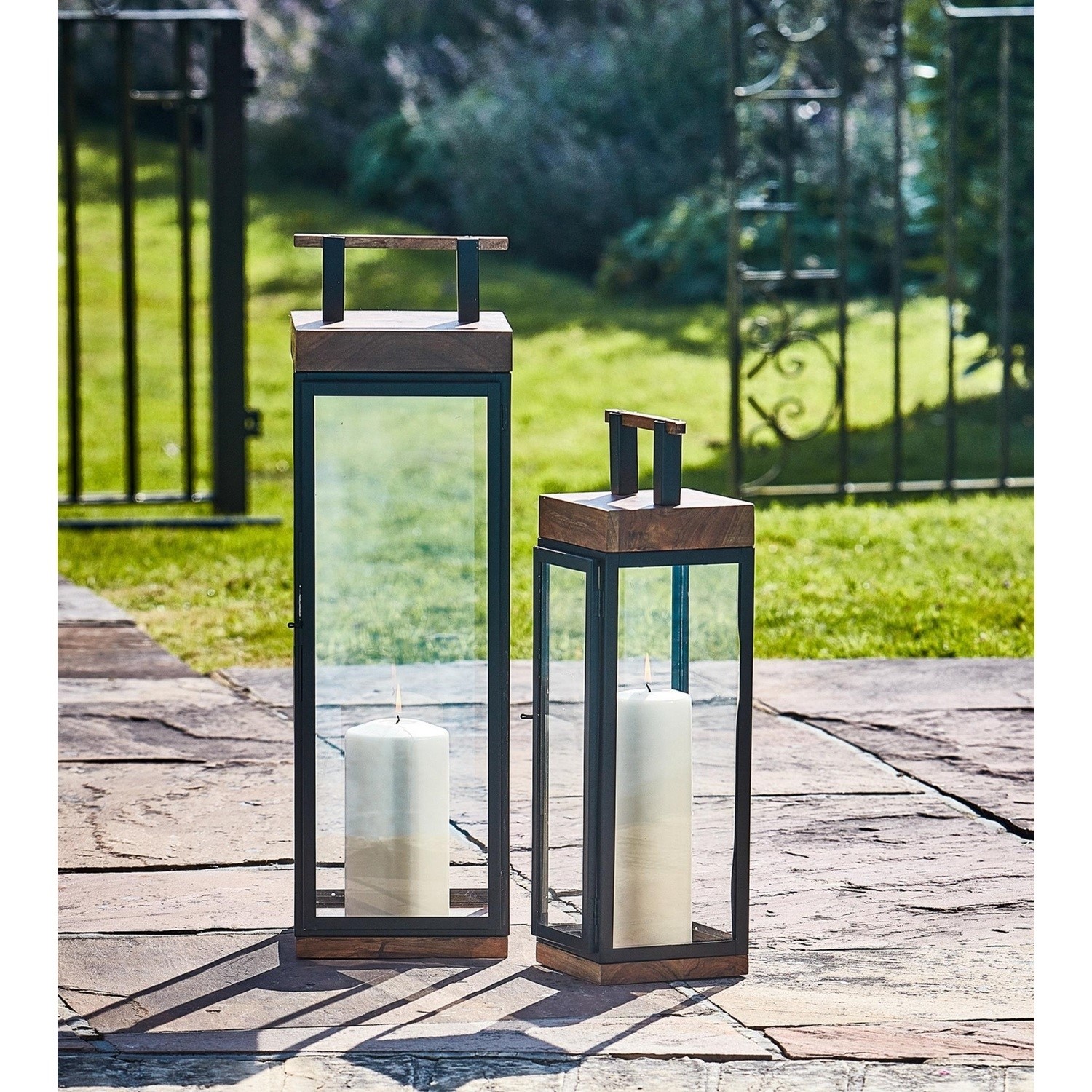 Read more about Ivyline large black acacia wood tall lantern grace
