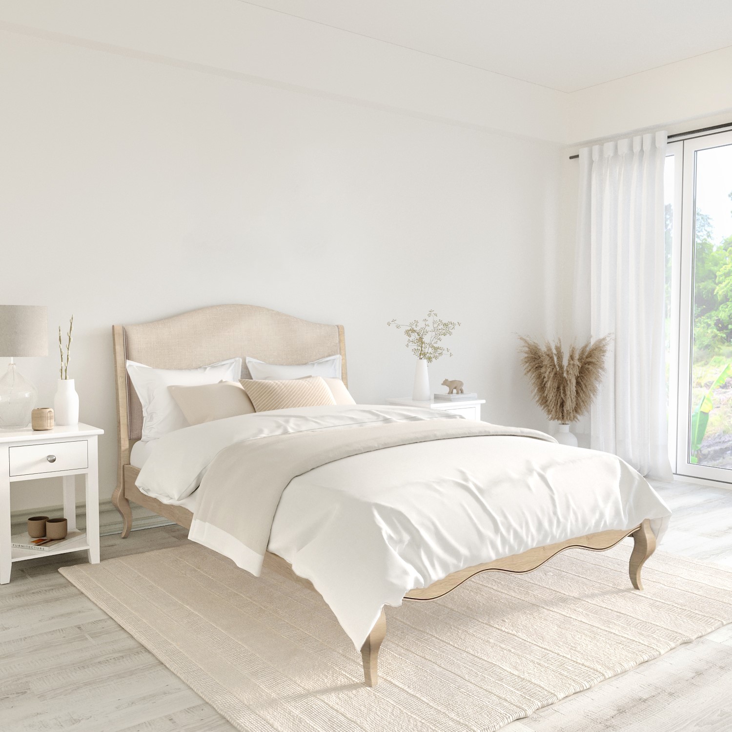 French Beige Linen Double Bed Frame - Genevieve - Furniture123 bed double bed frame